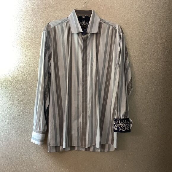 ZAGIRI shirt hidden button front embroidered cuffs stitch detail stripe men’s L - Picture 1 of 14